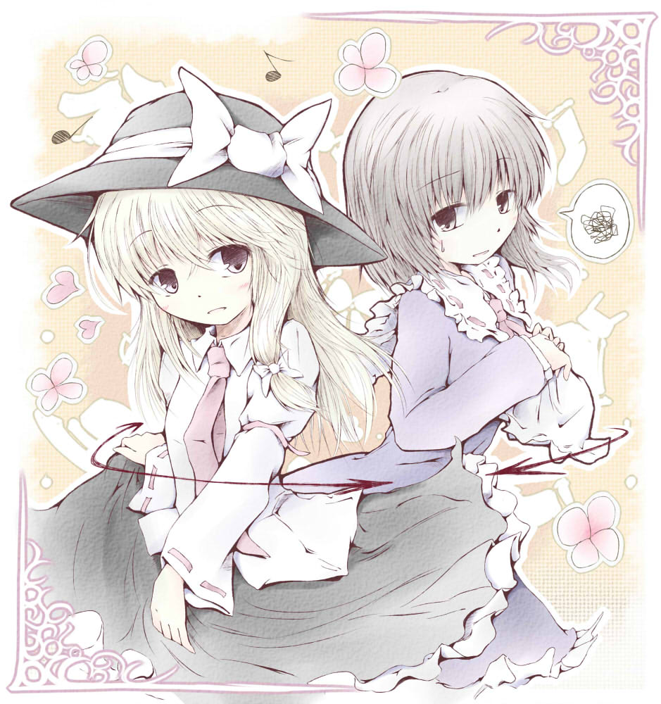 2girls, blonde_hair, blush, border, bow, brown_eyes, brown_hair, cosplay