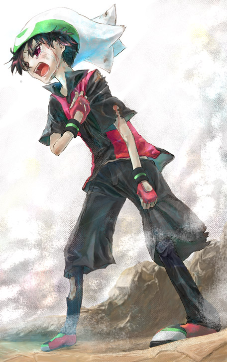 1boy, alternate_costume, black_hair, blood, cz-j, fingerless_gloves, gloves, hat