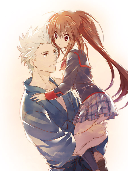 1boy, 1girl, brown_hair, carrying, japanese_clothes, little_busters!!, long_hair, miyazawa_kengo