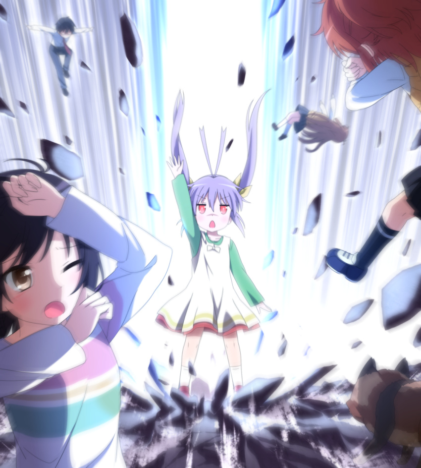 4girls, antenna_hair, black_hair, brown_hair, covering_face, haribote_(tarao), highres, ichijou_hotaru