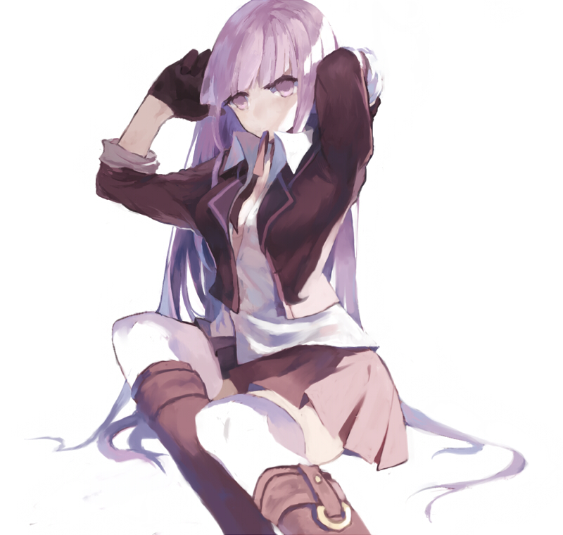 1girl, adjusting_hair, akaneu, boots, dangan_ronpa, gloves, kirigiri_kyouko, lavender_hair, mouth_hold, open_clothes, open_shirt, school_uniform, sitting, skirt, solo