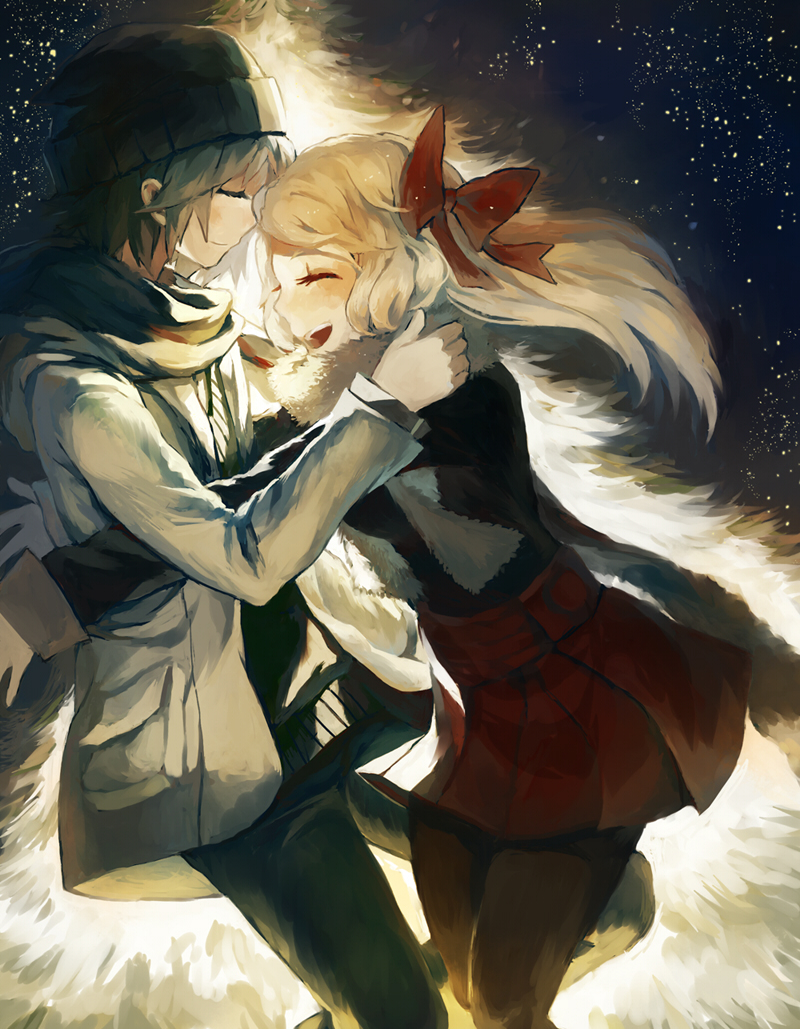 1boy, 1girl, akaneu, beanie, blonde_hair, brown_hair, calme_(pokemon), closed_eyes