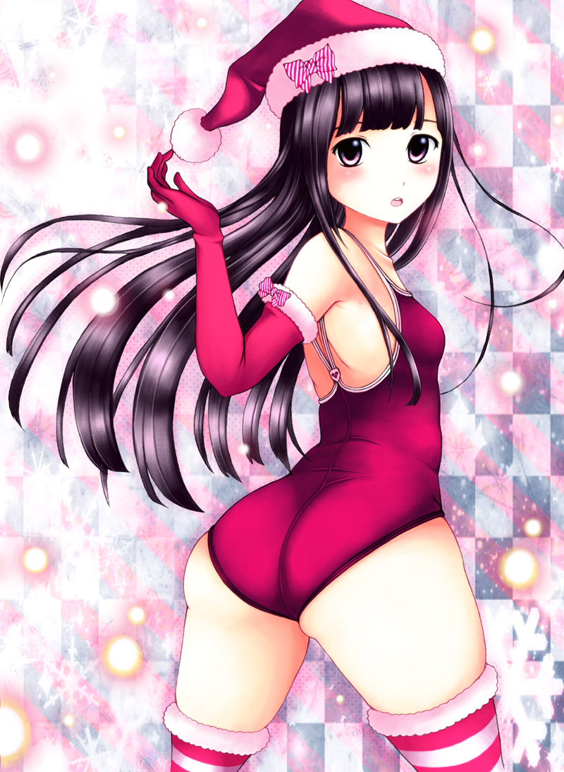 1girl, :o, alternate_color_school_swimsuit, ass, black_eyes, black_hair, blush, bow, christmas, competition_school_swimsuit, elbow_gloves, fur_trim, gloves, hat, long_hair, looking_back, neuron_(exceed), one-piece_swimsuit, original, parted_lips, red_swimsuit, santa_hat, school_swimsuit, solo, striped, striped_legwear, swimsuit, thighhighs