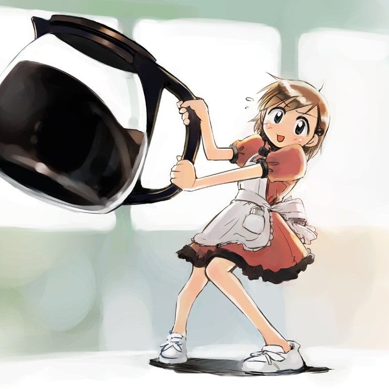 1girl, apron, coffee, dress, flying_sweatdrops, ikeda_jun_(mizutamari), minigirl, no_nose, open_mouth, original, short_sleeves, solo, waitress