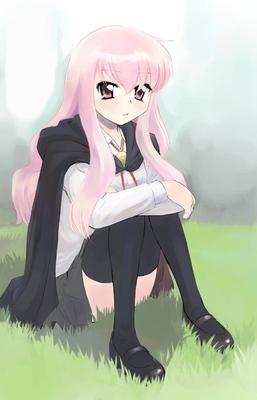 1girl, black_legwear, cape, ikeda_jun_(mizutamari), louise_francoise_le_blanc_de_la_valliere, parted_lips, sitting, solo