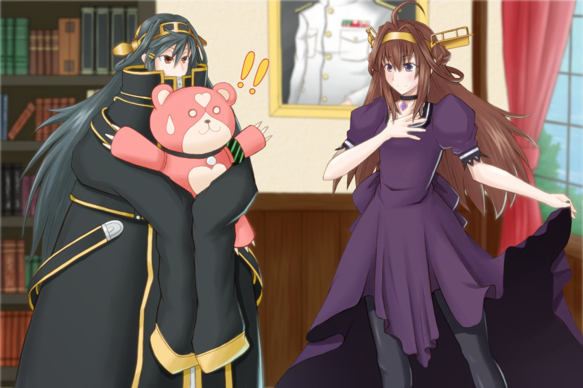 2girls, aoki_hagane_no_arpeggio, black_hair, brown_eyes, brown_hair, choker, coat, cosplay