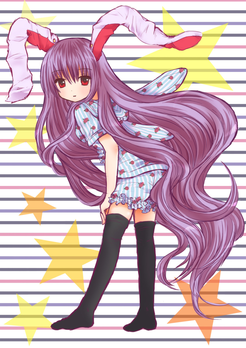 1girl, absurdly_long_hair, alternate_costume, animal_ears, bebitera, black_legwear, bloomers, floral_print