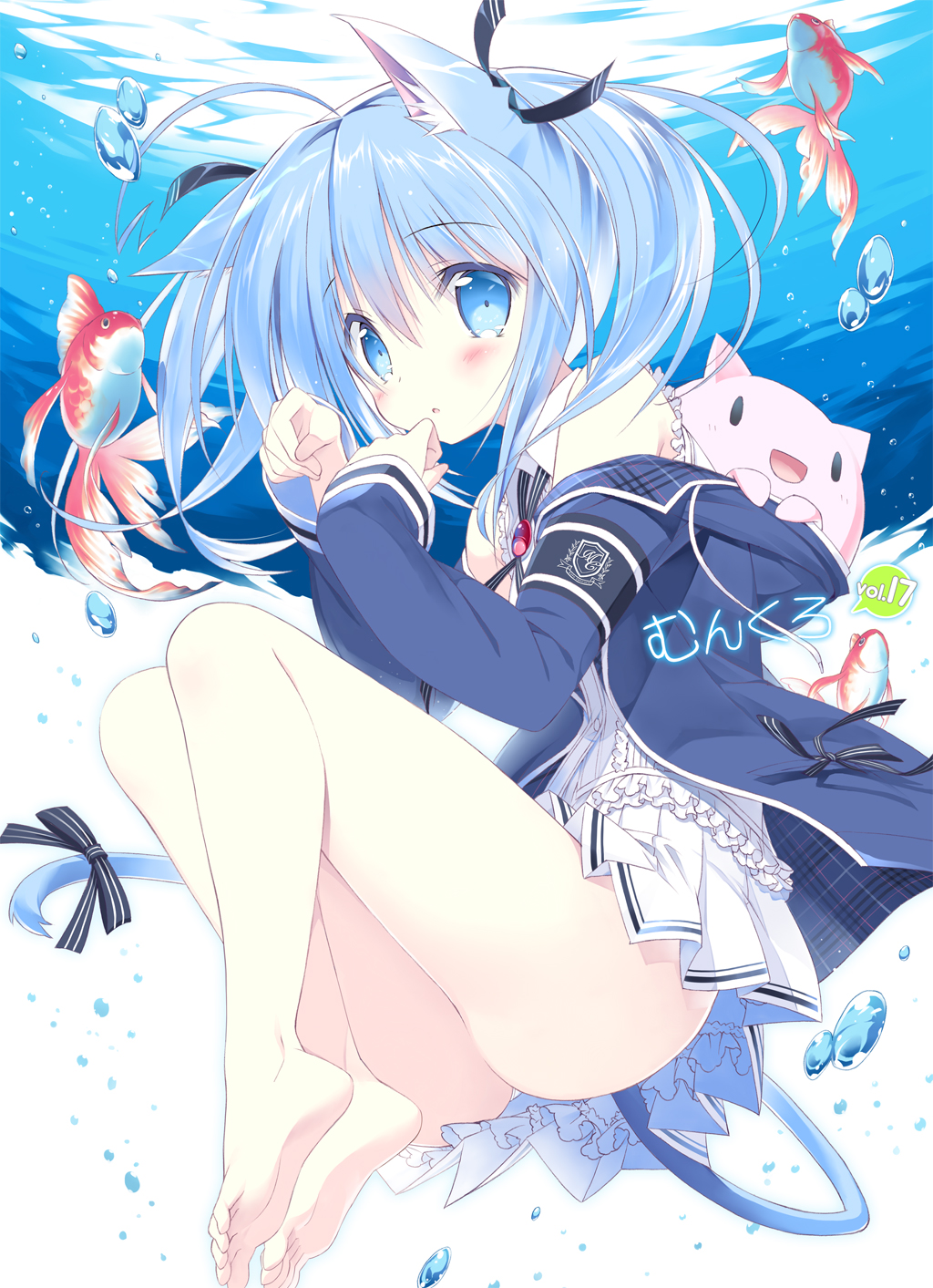 1girl, :o, animal_ears, bare_legs, bare_shoulders, barefoot, blue_eyes, blue_hair