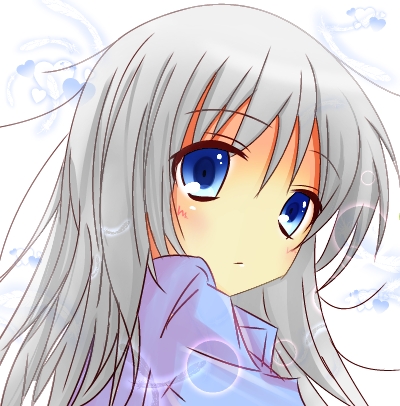 1girl, blue_eyes, bust, furisuku_(gerbera), long_hair, looking_back, lowres, original, silver_hair, solo, yoyogi_ruri