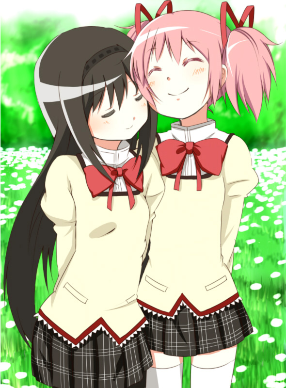 2girls, akemi_homura, black_hair, bow, cheek-to-cheek, kaname_madoka, long_hair, luminous_(madoka_magica)