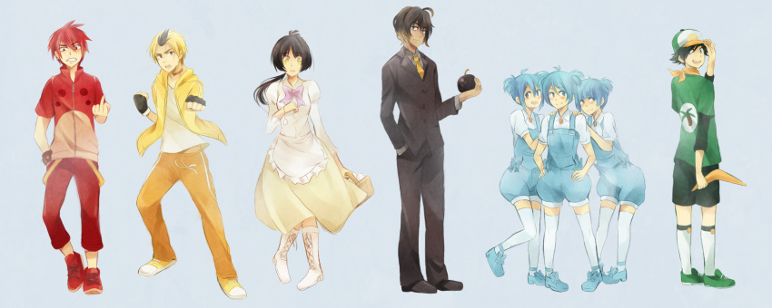 4boys, 4girls, adjusting_headwear, ahoge, angry_birds, annoyed, apron, bangs