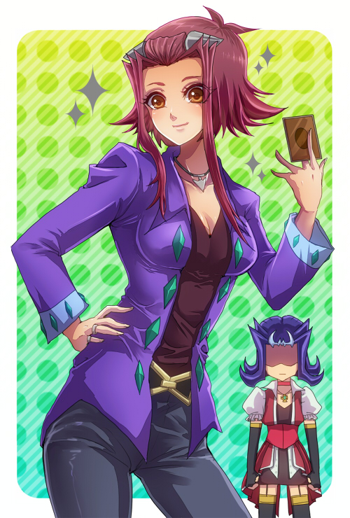 1boy, 1girl, belt, breasts, brown_eyes, card, cleavage, cosplay