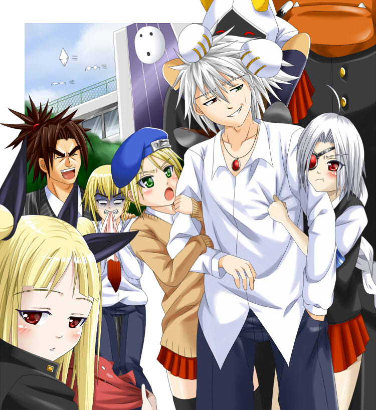 4boys, 4girls, ahoge, alternate_costume, arakune, arm_hug, blazblue, blonde_hair