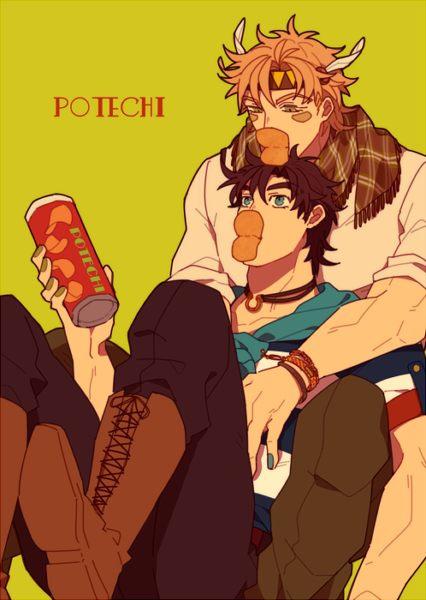 2boys, ayakasama, blonde_hair, blue_eyes, boots, caesar_anthonio_zeppeli, duck_face, green_eyes