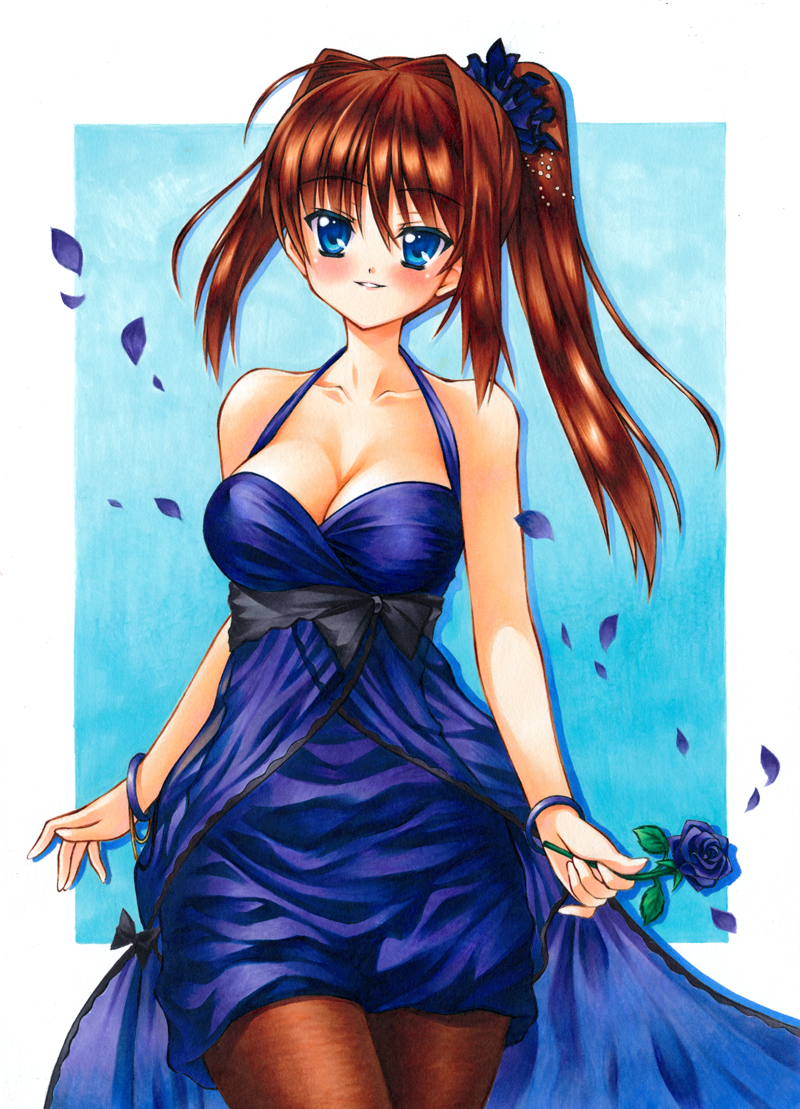 1girl, alternate_costume, alternate_hairstyle, aozaki_aoko, bangle, blue_dress, blue_eyes, blue_rose, blush, bracelet, breasts, cleavage, dress, female, flower, gown, hair_intakes, jewelry, mahou_tsukai_no_yoru, pantyhose, petals, ponytail, rose, sash, scrunchie, solo, yuto_cafe