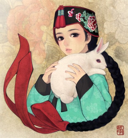 1girl, black_eyes, black_hair, braid, korean_clothes, korean_traditional_hat, long_hair, lowres, obsidian24, parted_lips, rabbit, solo