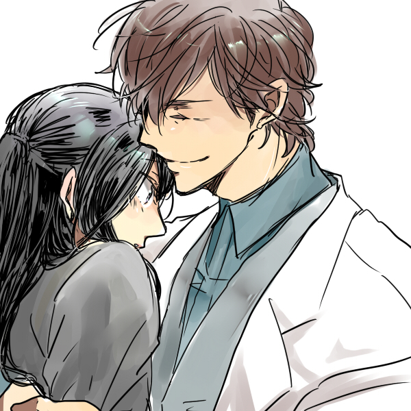 1boy, 1girl, black_hair, brown_hair, galileo_(dorama), labcoat, long_hair, minami_(shake2shake2)