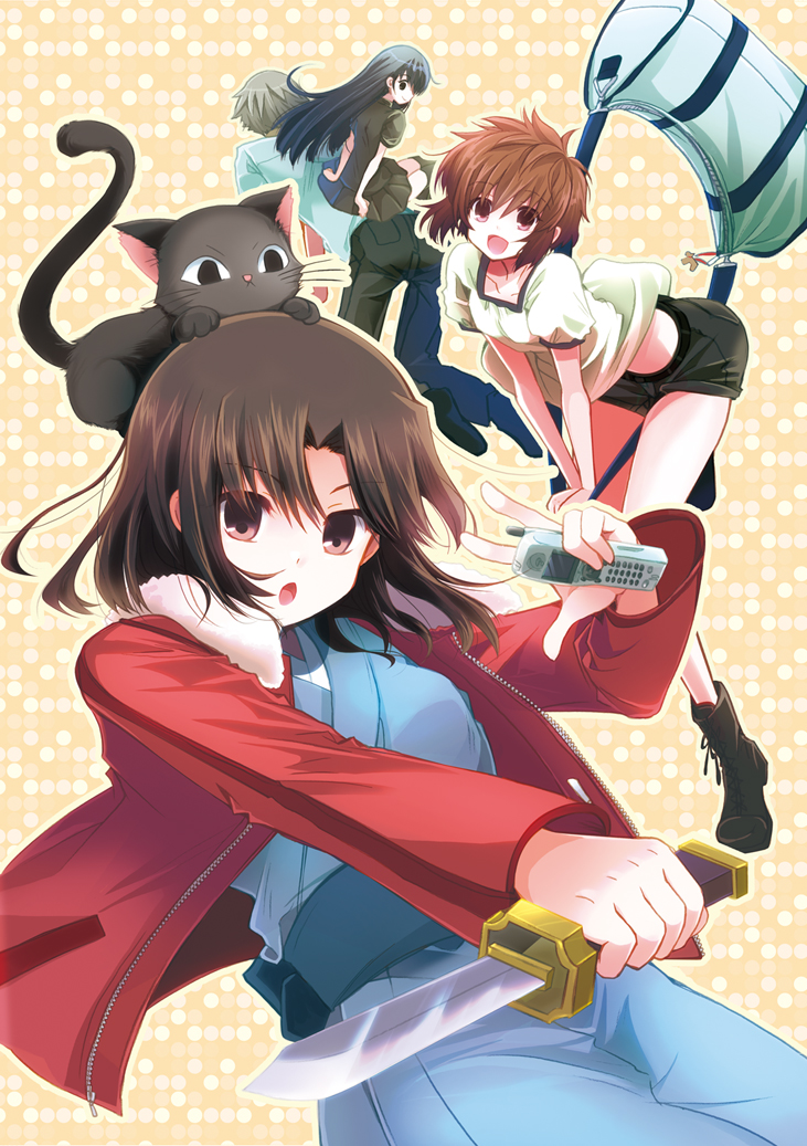 3girls, bag, black_hair, brown_hair, cat, jacket, japanese_clothes, kara_no_kyoukai