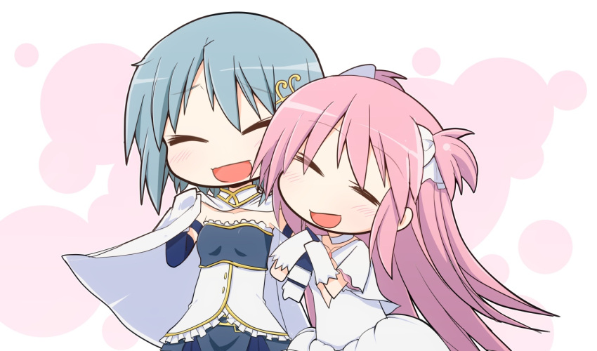2girls, arm_hug, armband, blue_hair, bow, cape, chibi, choker