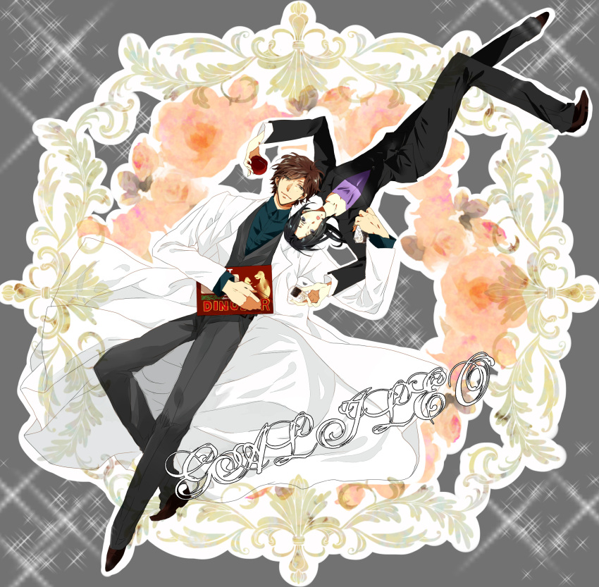 1boy, 1girl, absurdres, black_hair, box, brown_hair, food, galileo_(dorama)