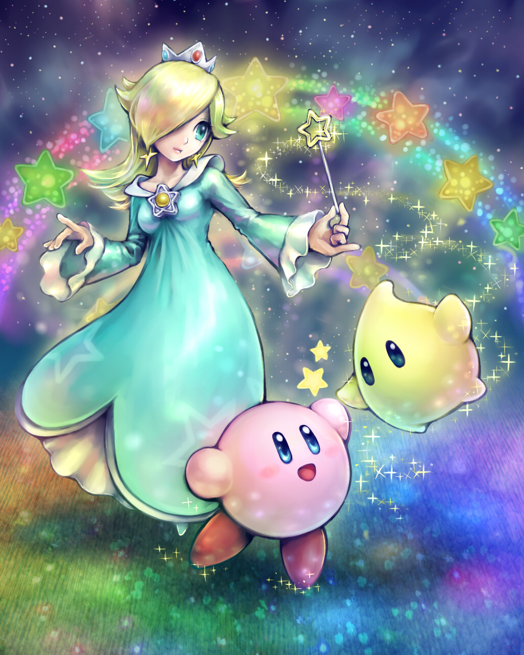 blonde_hair, crown, dress, earrings, highres, jewelry, kirby, kirby_(series), long_hair, luma, moppu810, nintendo, rosalina_(mario), staff, star, super_mario_bros., super_smash_bros.
