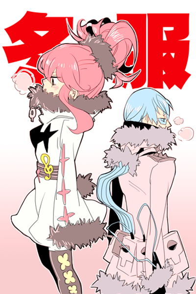 blue_eyes, blue_hair, coat, glasses, hini_(orewohumidainishita), inumuta_houka, jakuzure_nonon, kill_la_kill, pink_eyes, pink_hair, uniform