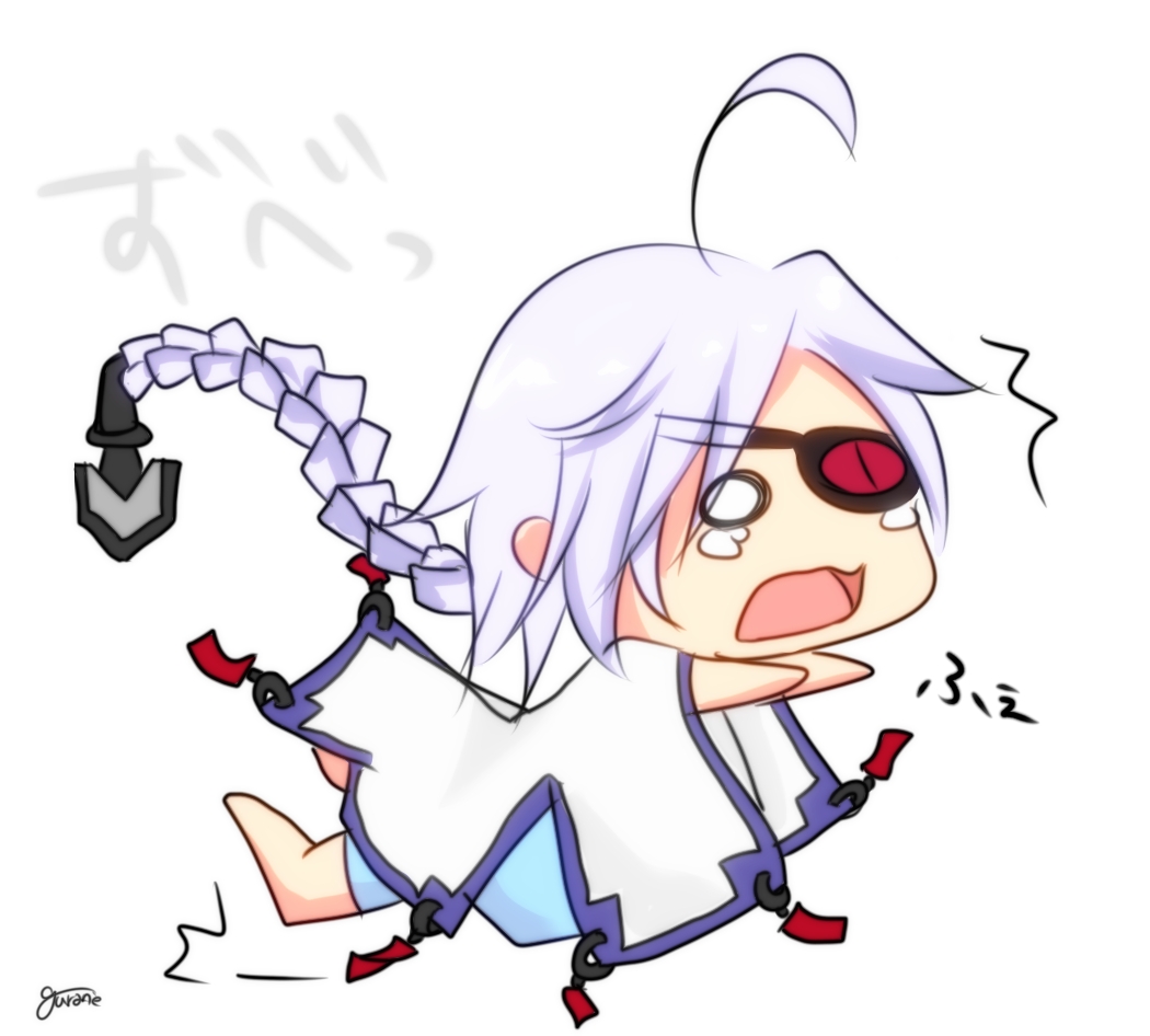 1girl, ahoge, blazblue, bodysuit, cape, chibi, crying, eyepatch