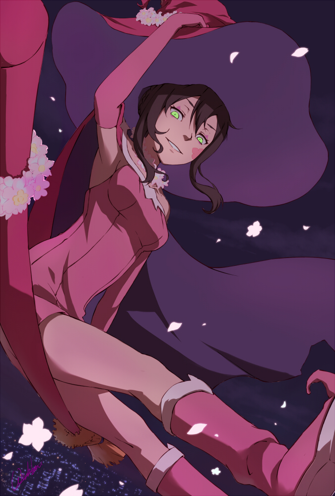 1girl, bare_shoulders, broom, brown_hair, dress, elbow_gloves, facial_tattoo, gloves