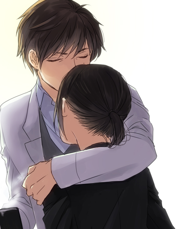 1boy, 1girl, black_hair, brown_hair, closed_eyes, coffee, couple, forehead_kiss