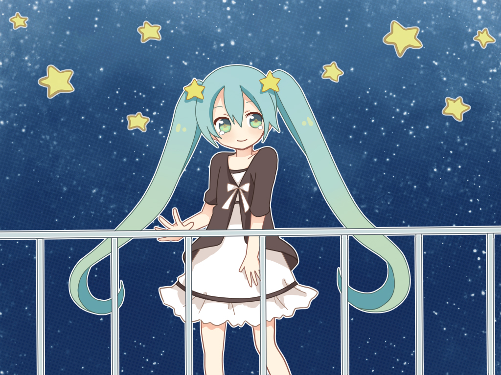 1girl, aqua_hair, dress, green_eyes, hatsune_miku, kuroton@9610, long_hair, night