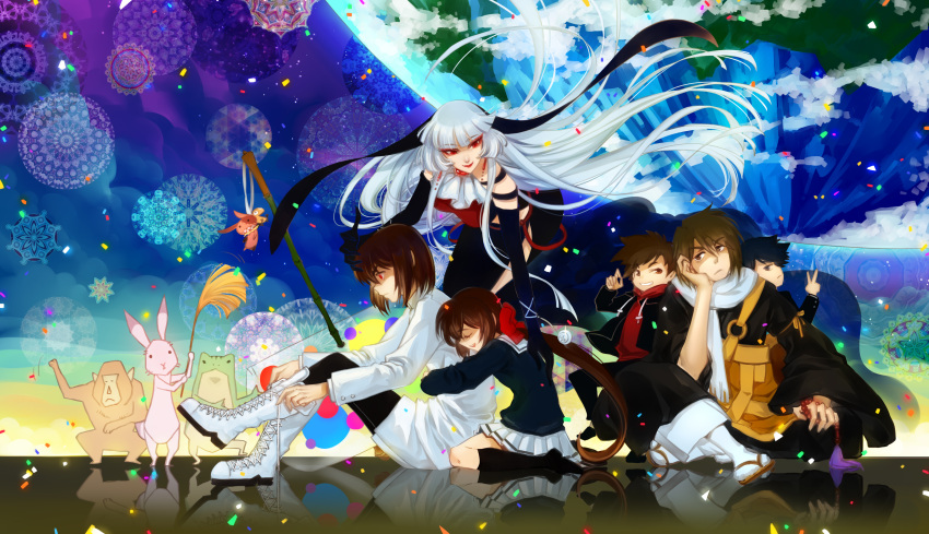 a_(kyousougiga), absurdres, boots, bow, brown_hair, closed_eyes, confetti, elbow_gloves