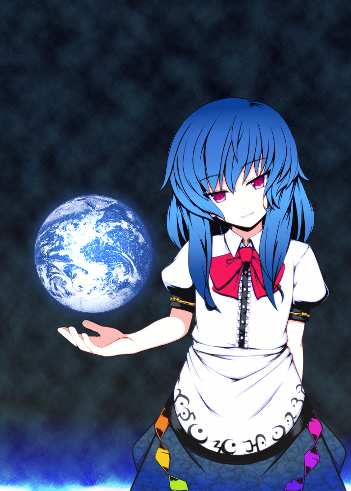 blue_hair, earth, giantess, head_tilt, hinanawi_tenshi, long_hair, nanatsume, no_hat