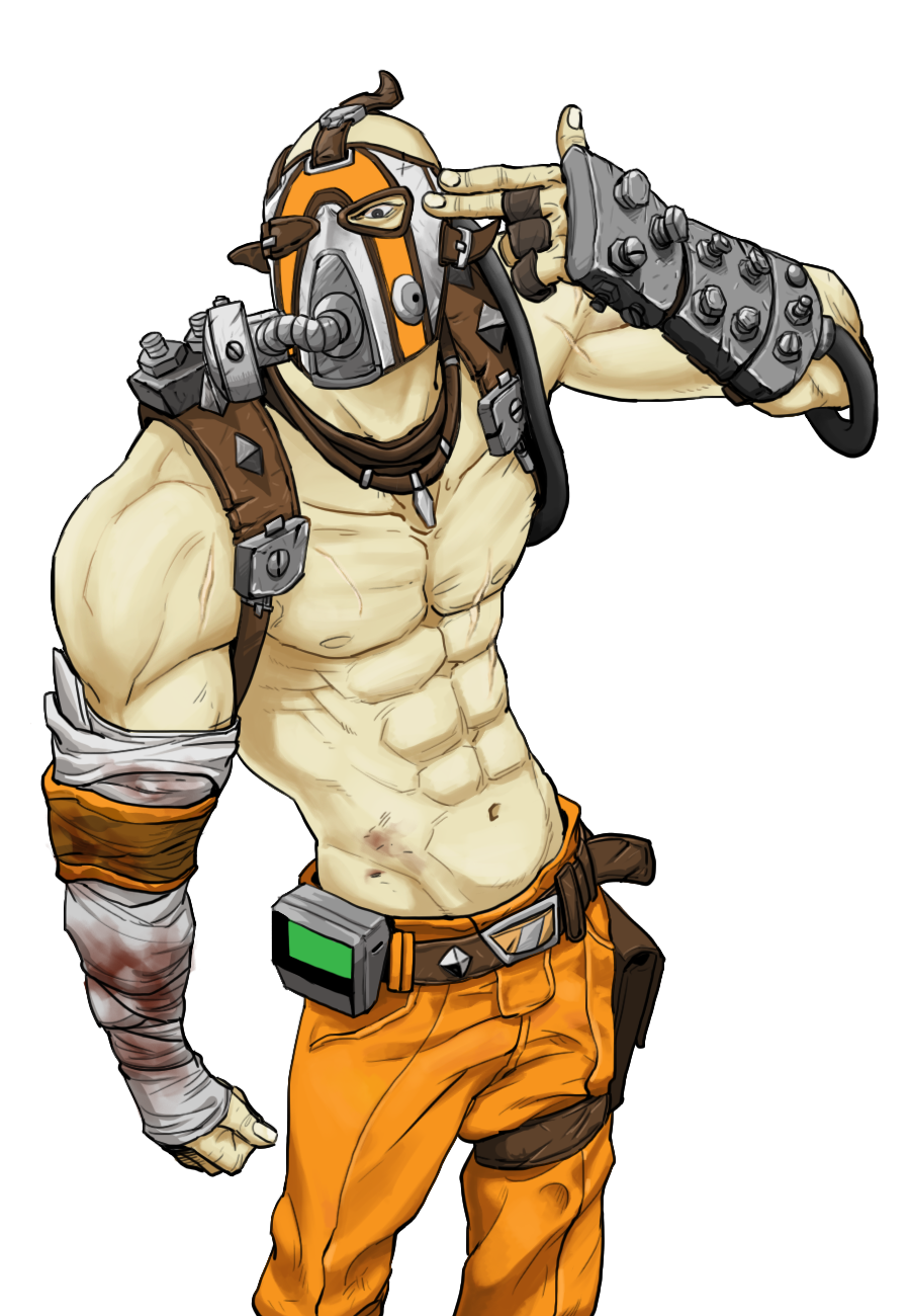 1boy, abs, blood, borderlands, borderlands_2, bruise, collarbone, finger_gun