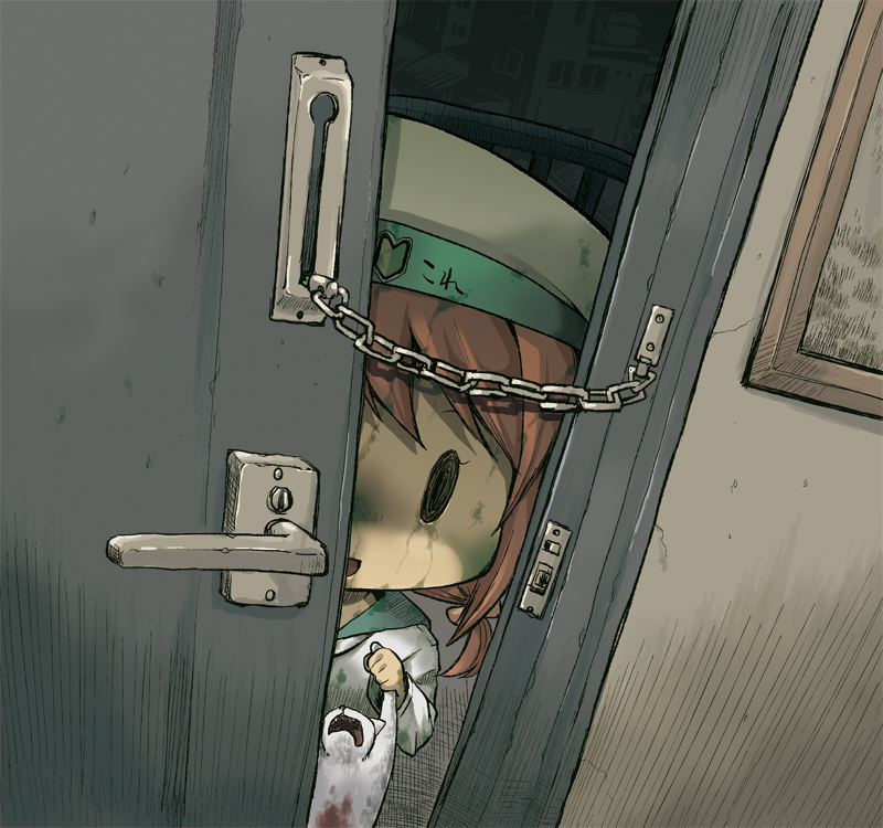 1girl, blood, brown_hair, cat, chibi, creepy, dark_persona, error_musume, girl_holding_a_cat_(kantai_collection), hair_ornament, hat, kantai_collection, rain, short_twintails, solo, twintails, yamazaki_kana