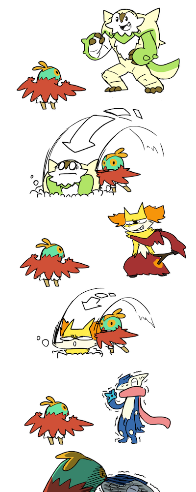 chesnaught, comic, delphox, greninja, hawlucha, pokemon, pokemon_(game), pokemon_xy, thrown, wrestling