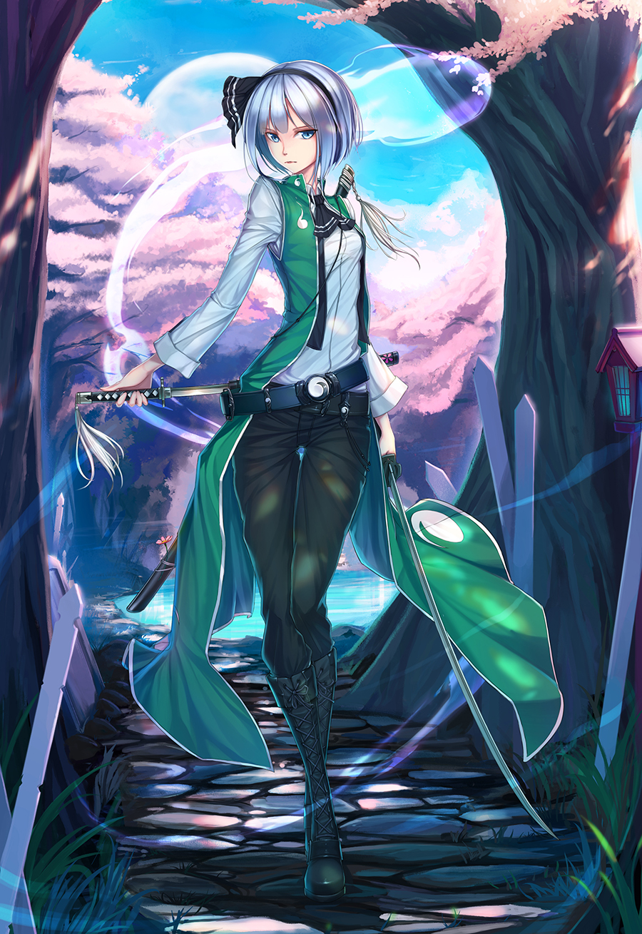 1girl, adapted_costume, ascot, belt, blue_eyes, blue_sky, bob_cut, boots, cherry_blossoms, cherry_trees, cross-laced_footwear, day, dual_wielding, flower, full_body, hairband, highres, hitodama, katana, knee_boots, konpaku_youmu, konpaku_youmu_(ghost), lace-up_boots, long_sleeves, looking_at_viewer, moon, nian, outdoors, pants, scabbard, sheath, short_hair, silver_hair, sky, solo, sword, tassel, thigh_gap, touhou, tsurime, unsheathing, vest, walking, weapon, wooden_lantern