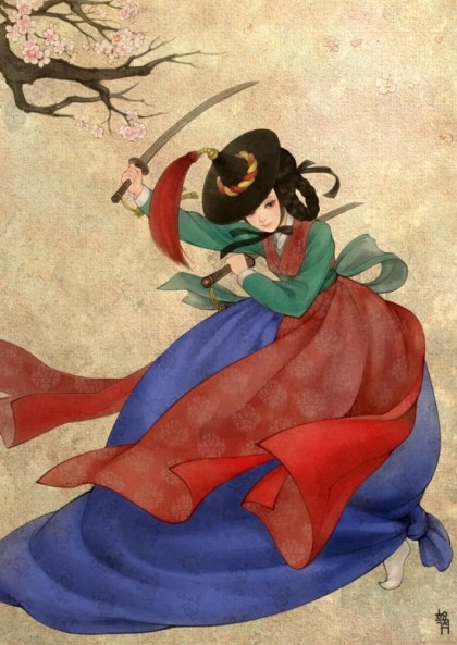 1girl, dancing, korean_clothes, korean_traditional_hat, obsidian24, sword, weapon