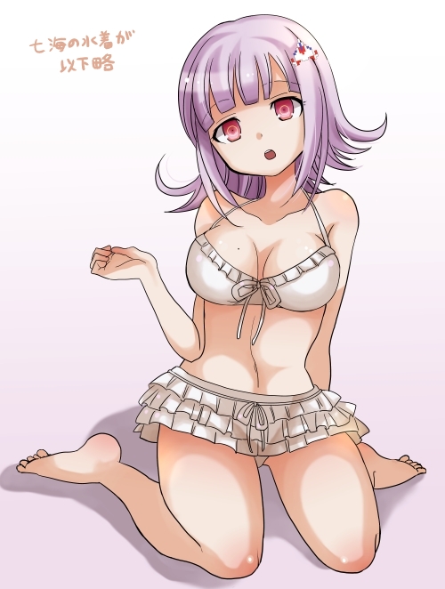 1girl, bikini, breasts, dangan_ronpa, flipped_hair, frilled_bikini, frills, gradient, hair_ornament, hairclip, nanami_chiaki, open_mouth, pink_eyes, pink_hair, rihitoman, sitting, solo, super_dangan_ronpa_2, swimsuit, wariza