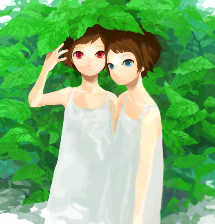 2girls, arm_up, blue_eyes, brown_hair, bush, dappled_sunlight, dress, leaf