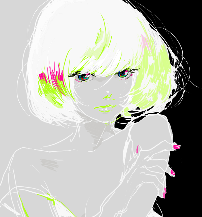 1girl, bangs, bob_cut, color_contrast, eyelashes, fingernails, grey_skin, hand_on_own_arm