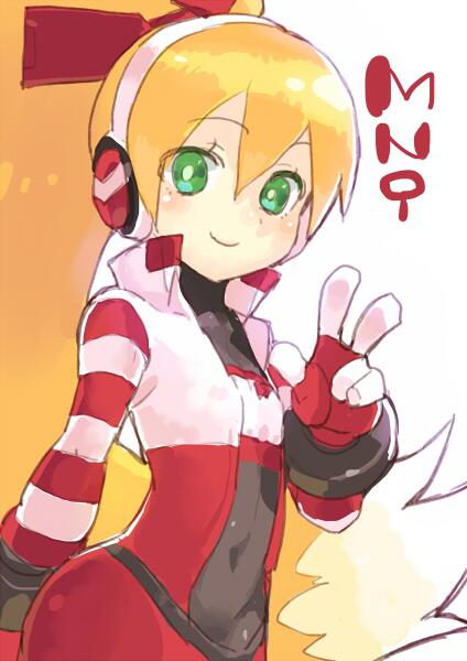 1girl, blonde_hair, blush, call_(mighty_no._9), call_(natsume_yuuji), clothed_navel, green_eyes, headphones, long_hair, mighty_no._9, ponytail, shishigomi, smile, striped_sleeves, v, very_long_hair