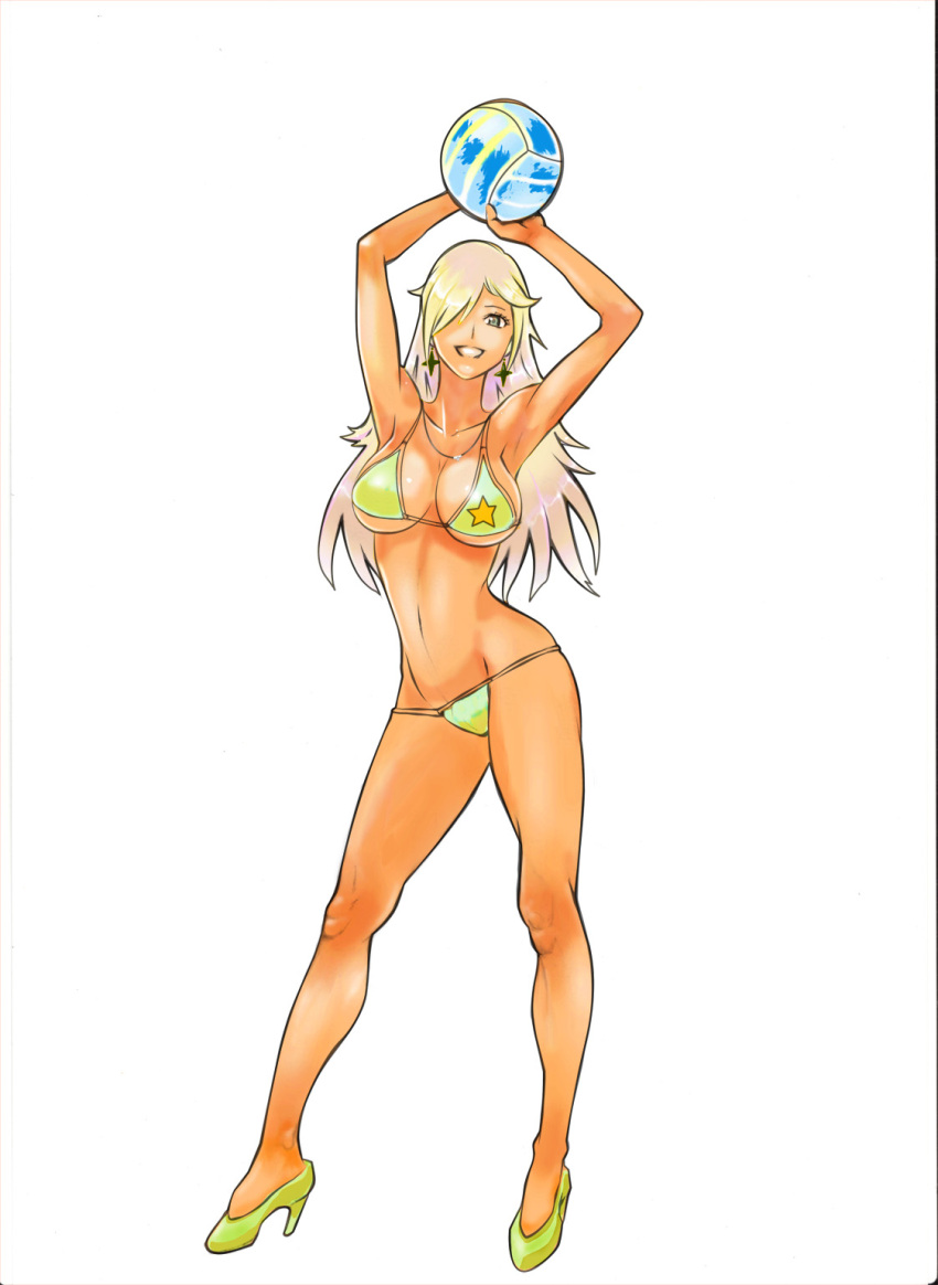 1girl, bikini, blonde_hair, blue_eyes, breasts, contrapposto, earrings, hair_over_one_eye, high_heels, highres, jewelry, large_breasts, legs, long_hair, mikazuki_shigure, navel, necklace, rosalina_(mario), sideboob, smile, solo, star, star_earrings, super_mario_galaxy, swimsuit, tan, underboob, volleyball