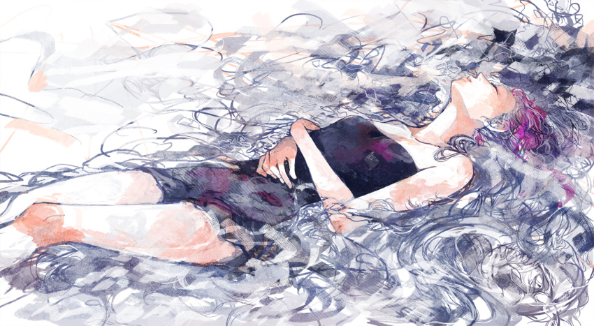 1girl, abstract_background, alternate_costume, alternate_hair_color, bare_shoulders, closed_eyes, collarbone, fingernails