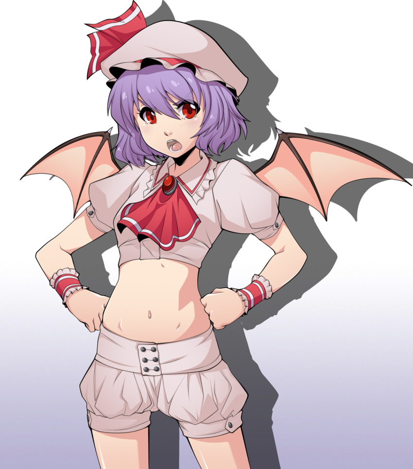 1girl, bat_wings, bloomers, blush, flat_chest, hands_on_hips, hat, highres, midriff, navel, open_mouth, puffy_short_sleeves, puffy_sleeves, purple_hair, red_eyes, remilia_scarlet, short_hair, short_sleeves, solo, spikewible, touhou, underwear, wings, wrist_cuffs