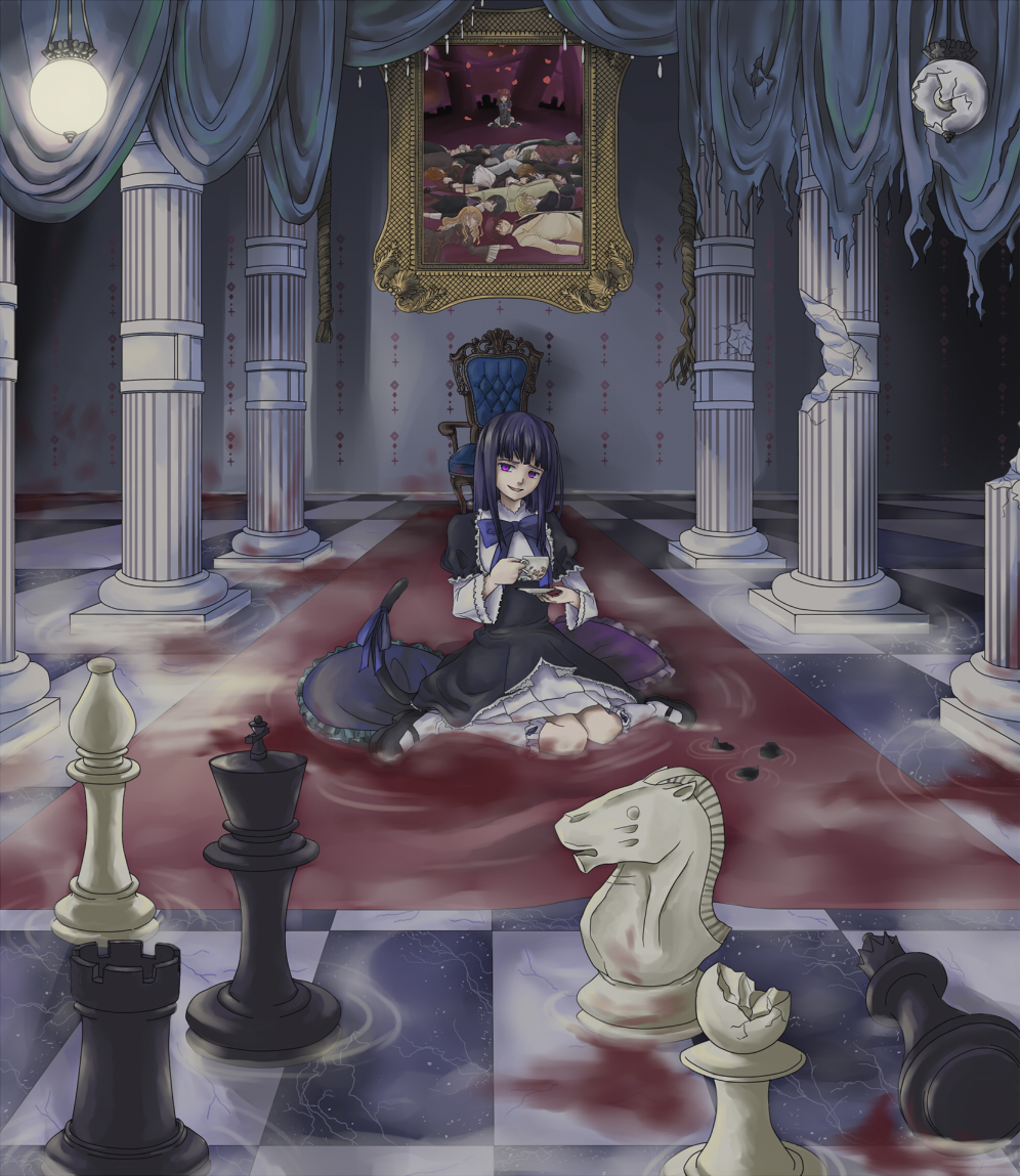 bekkourico, blood, blue_hair, cat_tail, chair, chess, column, cup