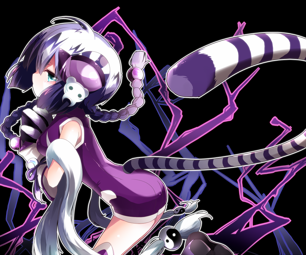 1girl, aqua_eyes, bare_shoulders, braid, emam_0201, haku_(p&amp;d), long_hair, puzzle_&amp;_dragons, side_glance, silver_hair, solo, tail, tiger_tail, twin_braids, yin_yang