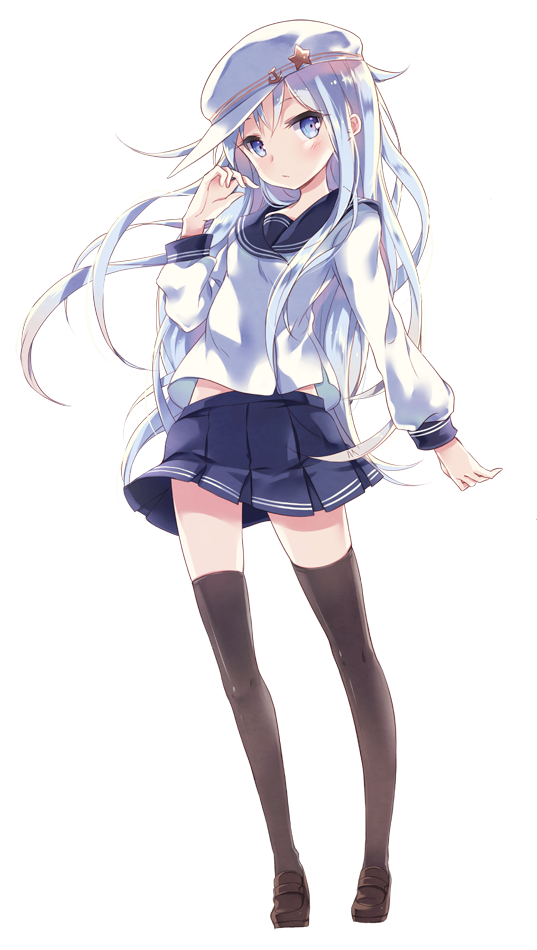 1girl, black_legwear, blue_eyes, blush, hammer_and_sickle, hat, hibiki_(kantai_collection), kantai_collection