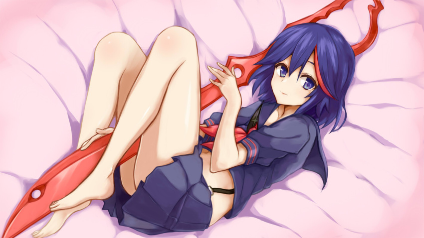 1girl, bad_id, bad_pixiv_id, barefoot, bed_sheet, black_hair, blue_eyes, kill_la_kill, living_clothes, lying, matoi_ryuuko, multicolored_hair, navel, on_side, redhead, school_uniform, scissor_blade, senketsu, short_hair, shuuhei_(shoohey), skirt, suspenders, sword, two-tone_hair, weapon