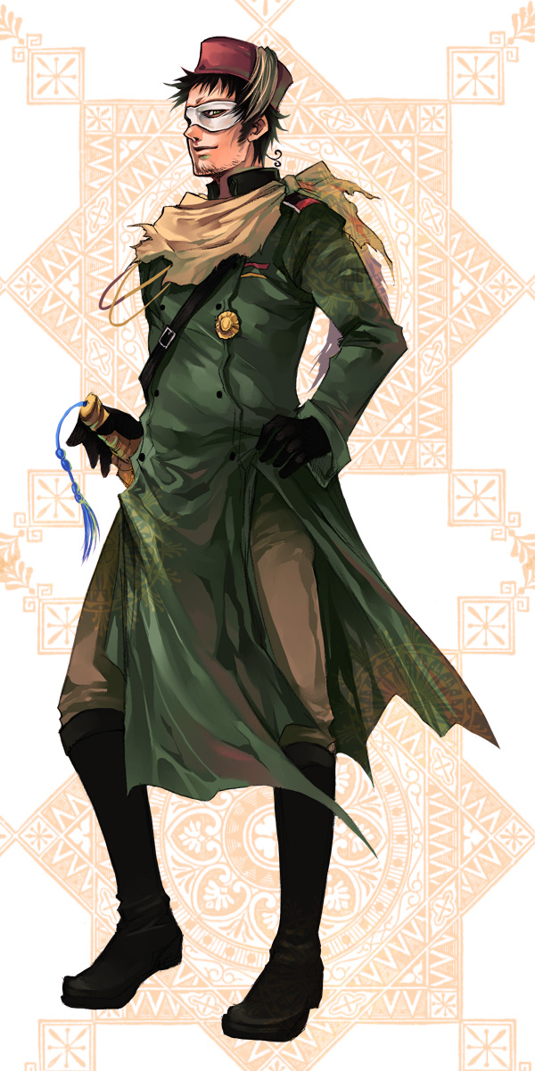 ahoge, antenna_hair, axis_powers_hetalia, boots, brown_hair, ecthelian, facial_hair, fez_hat, gloves, green_eyes, highres, knee_boots, male, mask, military, military_uniform, solo, stubble, sword, tassel, tassels, turkey_(hetalia), uniform, weapon