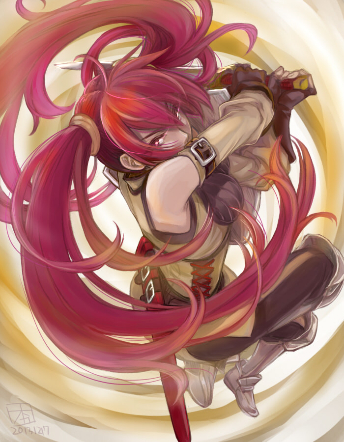 1girl, 2013, belt, dated, detached_sleeves, fighting_stance, fingerless_gloves, fire_emblem
